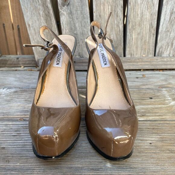 Steve Madden Stacie Slingback Stiletto Patent leather Tan Platform Heels size 7 - Picture 13 of 14